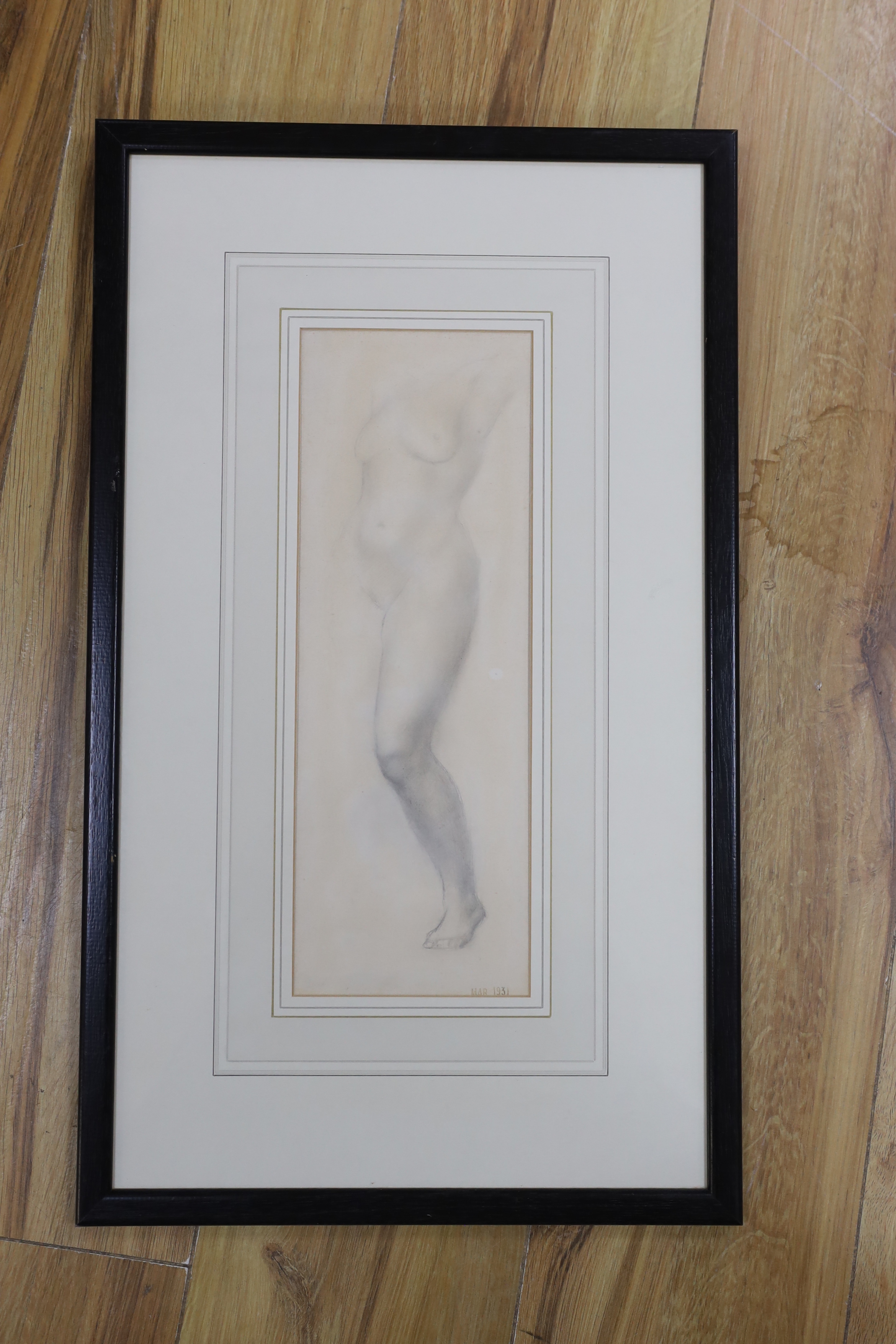 John Frye Bourne (1912-1991), pencil sketch, Nude study, unsigned, stamped Mar 1931, details verso, 33 x 11cm